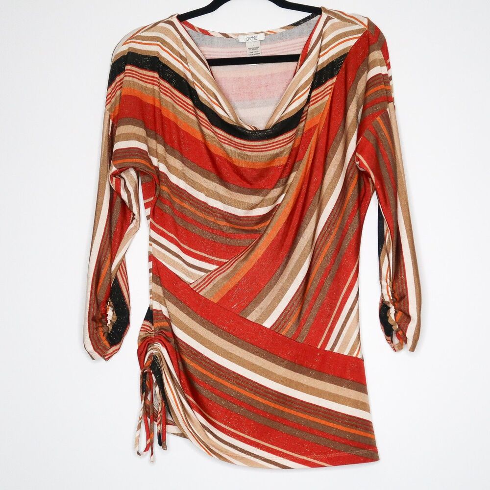 Cache Womens Blouse Knit Top S Orange Red Striped Feminine Ruched 70s Scoop Neck